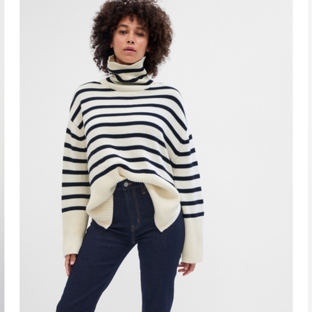 GAP 100% Cotton Oversized Turtleneck  Striped  Side Splits Sweater* White Navy S